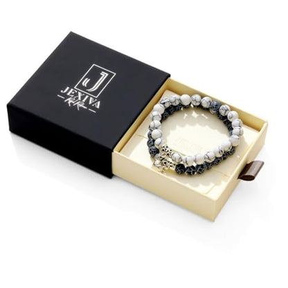 Set Of 2 Couples Bracelet Magnetic Healing Natural Bead Stone Stretch Bracelet Unisex Anniversary, Friendship, Valentine, Christmas Gift - color: Howlite+Blue Weathered, style: With Luxury Giftbox
