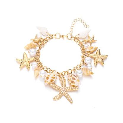 Shell Starfish Bracelet Seahorse Conch Starfish Sea Shell Pearls Charm Stone Bracelet Statement Bohemian Sea Themed Beach Jewelry for Women - color: Gold
