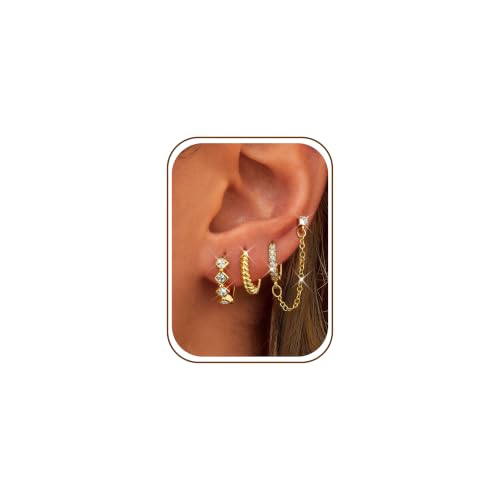 3 Pairs Dangle Hoop Chain Earrings Stacks for Women Trendy Huggie Earring | Non-Tarnish 5A CZ Stones Hoops Earrings Set for Multiple Piercing - style: 14K Gold Plated-Hoop Dangle