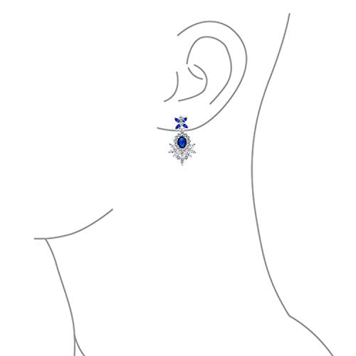 Cocktail Leaf Motif Multi Color CZ Chandelier Clip-On Earrings Silver Plate - color: Blue