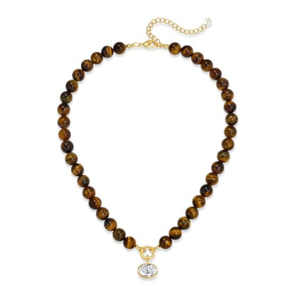 Natural Stone Beaded Necklace for Women 10mm Round Tiger Eye Bead Choker with Detachable Crystal Pendant Adjustable Boho Statement Jewelry Gift