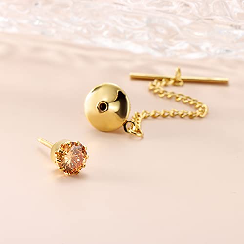HAWSON Mens Tie Tack with Chain Round Crystal Wedding Business Accessories - color: Gold + Champnge