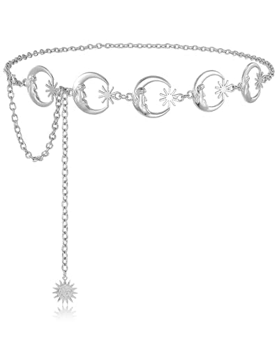 Chain Belt for Women Fashion Metal Waist Chain Belt for Dress Jeans - size: Fit Waist Up to 55'', style: Silver-moon