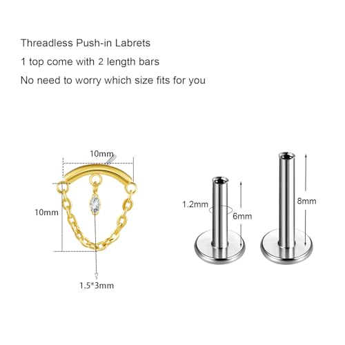 BelezaDosas G23 Titanium Labret Studs Threadless Push-in Labret Press Fit 16G Cluster Helix Lobe Conch Tragus Push Back Piercing Jewelry - style: chain gold eye