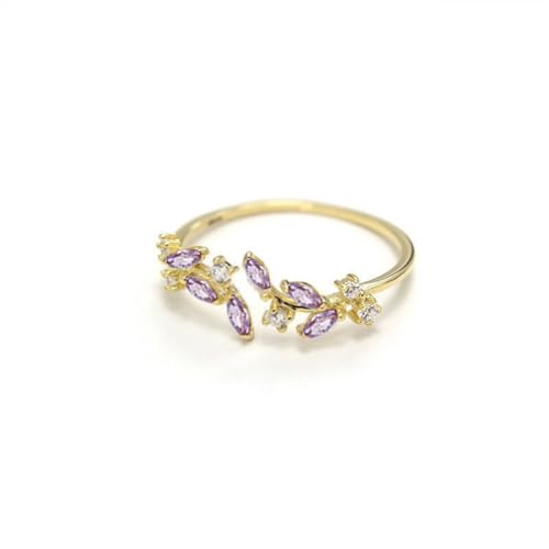 Gold Rings Non Tarnish Silver Adjustable Rings for Women Cubic Zirconia Leaf Ring Dainty Silver Stackable Ring for Women - style: purple
