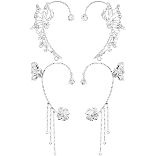 2 Pairs Dainty Silver Butterfly Ear Cuffs & Wraps for Women Non Piercing Bling Butterfly Tassel Style Zircon Earrings Ear Clips Bridal Wedding Jewelry - color: Silver-E