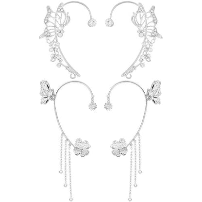 2 Pairs Dainty Silver Butterfly Ear Cuffs & Wraps for Women Non Piercing Bling Butterfly Tassel Style Zircon Earrings Ear Clips Bridal Wedding Jewelry - color: Silver-E