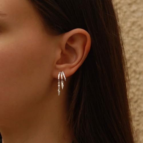 Dangle Earrings for Women,14k Gold Plated Triple Huggie Stud Earrings Cute Statement Chain Earring Dainty Drop Earrings for Women Trendy Gold Plated Jewelry - color: silver-dangle2