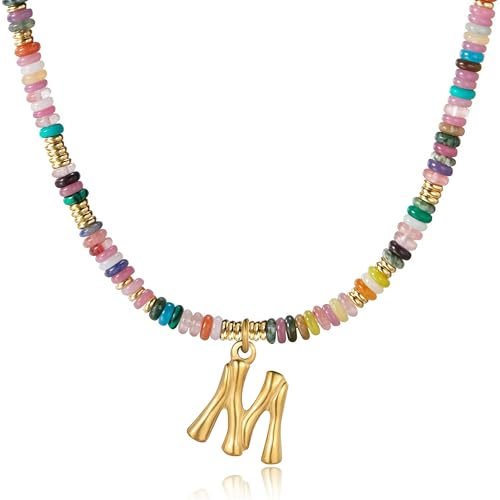 YOUFENG Initial Letter Necklaces for Women Colorful Beaded Gemstone Choker 14K Gold Plated Bamboo Letter Pendant Necklace Natural Stone Handmade Jewelry Gift - color: M