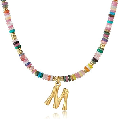 YOUFENG Initial Letter Necklaces for Women Colorful Beaded Gemstone Choker 14K Gold Plated Bamboo Letter Pendant Necklace Natural Stone Handmade Jewelry Gift - color: M