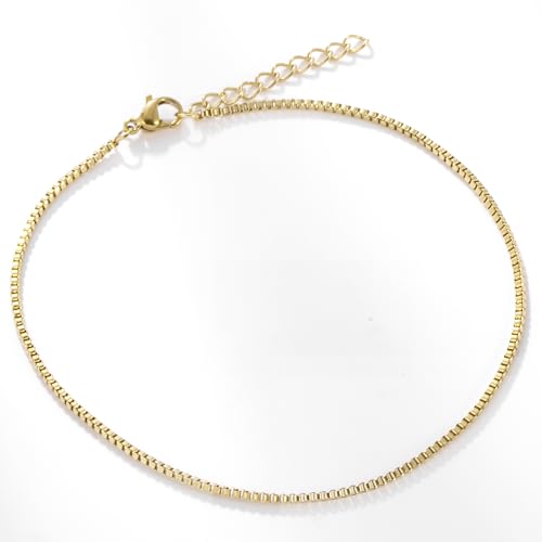 Gold Stainless Steel Anklet Chain for Women Adjustable Ankle Bracelet Fashionable Simple Design, Round mold chain - color: Gold+ Box Chain, size: 22+3cm
