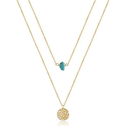 Turandoss Dainty Layered Choker Necklace, Handmade Y Pendant Necklace Multilayer Bar Disc Necklace Adjustable Layering Choker Necklaces for Women - style: 2PCS - Blue Turquoise&Hammered Disc