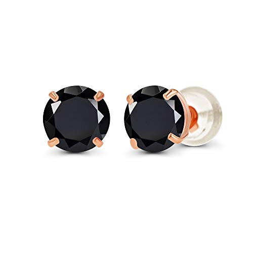Solid 14K Yellow or White or Rose Gold 6mm Round Genuine Birthstone Gemstone Prong Set Stud Earrings For Women - color: Onyx