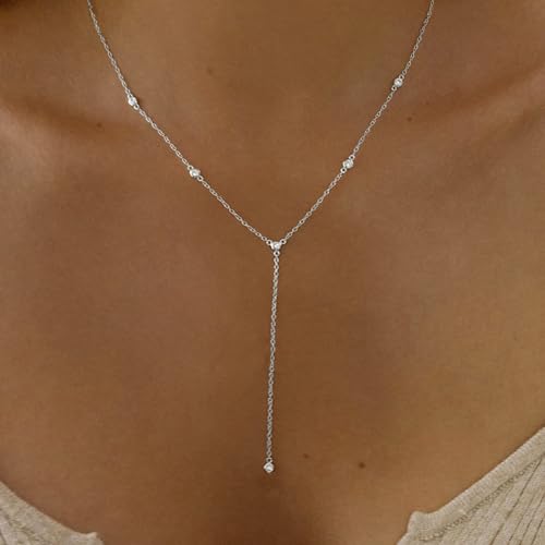 Gold Necklace for Women, Dainty Long Necklace 14k Gold Plated Lariat Long Necklaces for Women Trendy Simple Statement Drop Necklace Fashion Body Chain Prom Jewelry Gold Accessories - color: 7-Silver