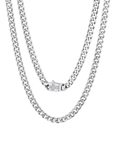 Bandmax 14K Gold Plated Black Stainless Steel Cuban Link Chain Necklace for Men Women, Cross White Zircon Clasp, 6/9/12MM Width, 18-30 Inch Length, Ideal Gift for Son Husband Father - color: 01 Silver Tone-6MM, size: 26 Inch (66cm)