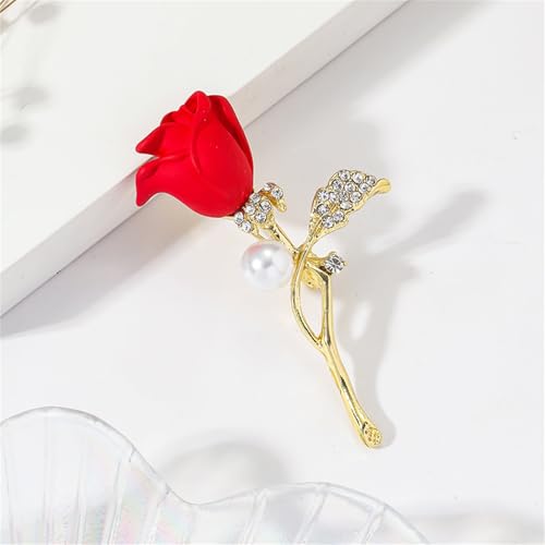 Rose Flower Brooch Pin for Women Fashion Dainty Gold Plated 3D Red Roses Floral Crystal Brooch Pin Birthday Dress Suit Accessories Jewelry - style: Rose Pearl 2