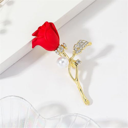 Rose Flower Brooch Pin for Women Fashion Dainty Gold Plated 3D Red Roses Floral Crystal Brooch Pin Birthday Dress Suit Accessories Jewelry - style: Rose Pearl 2