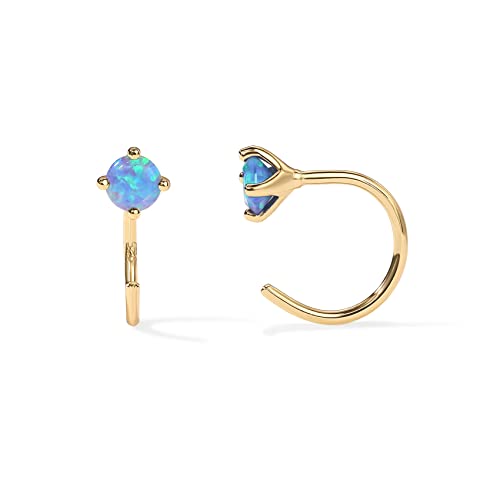 PAVOI 14K Gold 925 Sterling Silver Huggie Half Hoop Earrings for Women | Tiny Boho Colored Cartilage Earring | Blue, Green, Amethyst, Garnet, Black CZ, Turquoise, Opal, Pearl - style: Opal