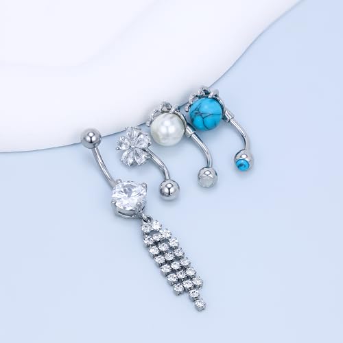 Vsnnsns 14G Dangle Belly Button Ring Piercing Jewelry 316L Stainless Surgical Steel Navel Rings Cubic Zirconia Heart Flower CZ Dangling Belly Button Ring Piercing Jewelry for Women 14 Gauge - color: Silver Tone