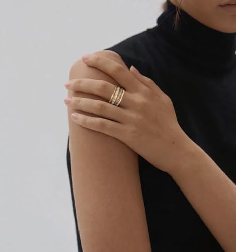 14K Gold Plated Interlocked Stackable Rings for Women Non Tarnish,Gold and Silver Cubic Zirconia Statement Rings Set,Mixed Metals Ring Two-Toned Connected Bands Stacking Jewelry - color: 4pcs rings-gold