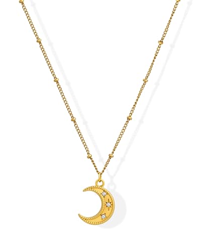 Crescent Moon Necklace Dainty Cubic Zirconia Star Pendant Necklaces for Women Trendy Adjustable Ball Chain Moon Jewelry Gift