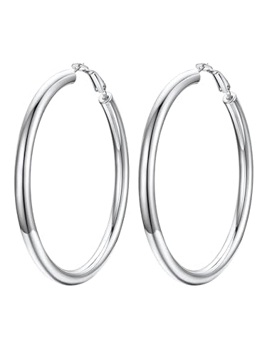 PROSTEEL Chunky Hoop Earrings for Women 14K Gold Plated/Black/Silver | 20/30/40/50/60/70/80mm Stainless Steel Thick Big Round Hoop with Waterproof and Non Tarnish Trendy Jewelry with Gift Box - color: 1. Silver, size: 70MM