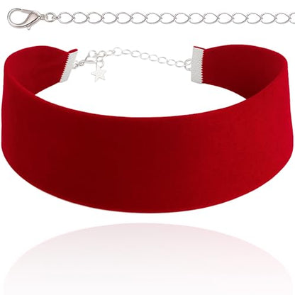 Velvet Choker for Women, Wide 1.5" 90s Ribbon Adjustable 12–18" with Stainless Steel Clasp, Soft Skin-Friendly Velvet — Black - color: Red