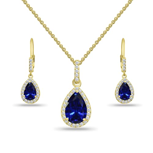 Jewelry Sets for Women, Necklace and Earring Sets for Women, Birthstone Jewelry, Genuine or Synthetic Gemstones, Teardrop Necklace and Dangle Earrings, Pendant Necklace, Sterling Silver Jewelry - color: Created Blue Sapphire - Yellow Gold