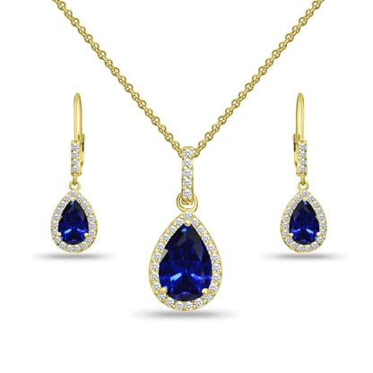 Jewelry Sets for Women, Necklace and Earring Sets for Women, Birthstone Jewelry, Genuine or Synthetic Gemstones, Teardrop Necklace and Dangle Earrings, Pendant Necklace, Sterling Silver Jewelry - color: Created Blue Sapphire - Yellow Gold