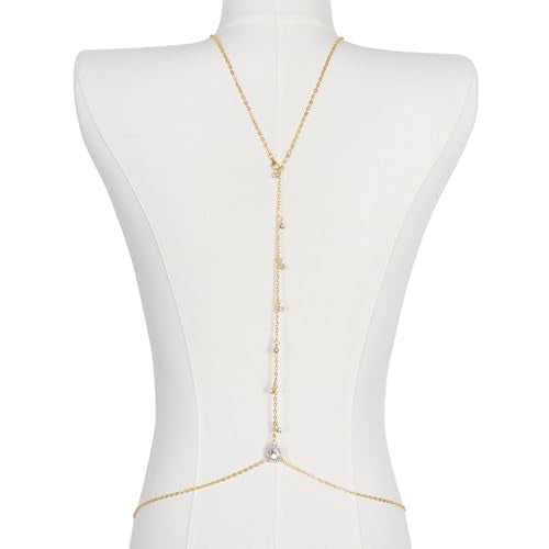 Body Chain Jewelry for Women Rhinestone Back Chain Necklace for Backless Dress Backdrop Chain Necklaces for Women - color: Gold Rhinestone