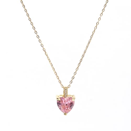 Heart Birthstone Necklace for Women, 14K Gold Plated Birthstone Pendant Necklace Cubic Zirconia Diamond Necklace Dainty Gold Necklace Birthday Gifts for Women Girls - color: 10. October(Pink Tourmaline)