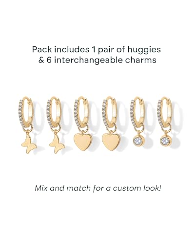 PAVOI 14K Gold Plated Huggie Earring Charms for Women - Mix and Match Huggie Hoop Earrings with Charms Pack - Dangle Dainty Motif Set with Cubic Zirconia, Heart, Cross, Pearl & Evil Eye Jewelry - Valentines Day Trendy Jewelry - style: Butterfly