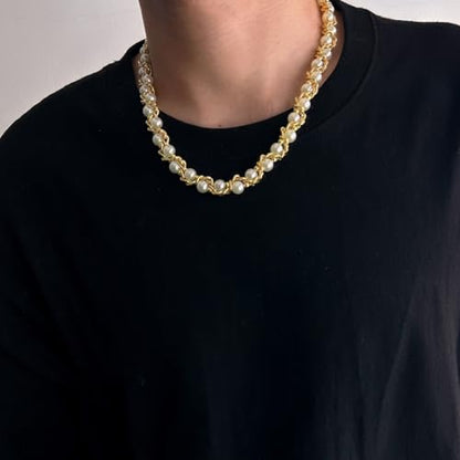 Gold/Silver Pearl Necklace for Men Faux Pearl Choker Necklace Beaded Adjustable Chain Gothic Chunky Beaded Statement Hip Hop Rock Party Festival Collar para Hombre Fashion Jewelry Gift for Men - style: Style-C-GD