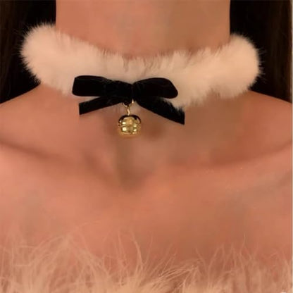 CJIAYUJEW Red Bow Velvet Choker Necklace Sexy Faux Fur Collar Bowtie Long Wrap Rope Neck Chain with Gold Pendant Bell Party Neck Accessories for Women - color: C