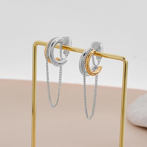Gold Silver Trendy Clip On Dangle Earrings for Women | Clip On Drop Earrings, Tassel Chain Hoop Earrings, Non Piercing, Fashion Jewelry Gifts - color: A Clip-Two Tone