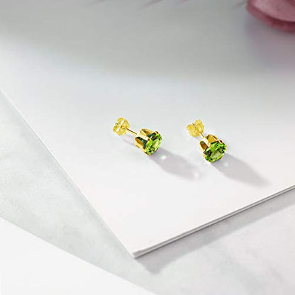 Gem Stone King 1.60 Cttw Natural Round Green Peridot Earrings For Women Men | Round 6MM | Gemstone Birthstone | Yellow Gold Plated Stud Earrings