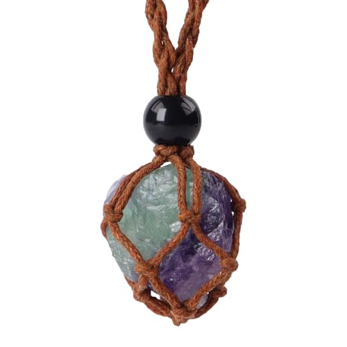 Handwoven Natural Gemstone Crystal Cage Pendant Necklace, Crystal Necklaces for Women Stone Holder Necklace Cord - color: Fluorite