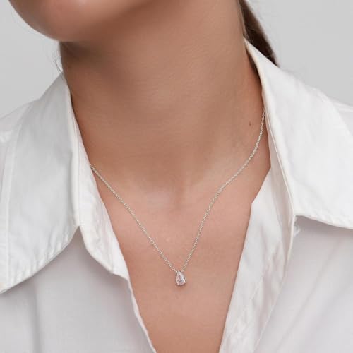 Dainty Necklace - 14K Gold/White Gold Plated Solitaire Tiny Pear Cut Teardrop Cubic Zirconia Necklace,Cubic Zirconia Accented Cross/Snowflake/Polaris North Star/Clover/Leaf/Flower Design Pendant Necklace for Women 16.5”+2” - color: Silver, style: Silver P