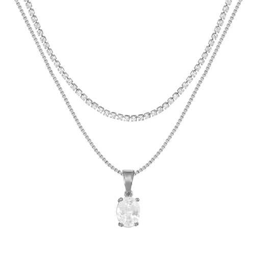 Layered Necklaces for Women, Dainty 14K Gold Plated Diamond Tennis Necklace, Simple Stackable Layered Gold Necklaces for Women Trendy Sparkly Cubic Zirconia Pendant Necklace Set Jewelry Gift - color: Silver - Tennis & Irregular Diamond