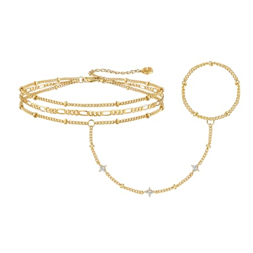 Cicy Bell Hand Chain Bracelets for Women 18K Gold Plated | Layered Stackable Dainty Ring Bracelets, Adjustable Satellite Bead Dot Link Finger Bracelets - color: Style K-Gold