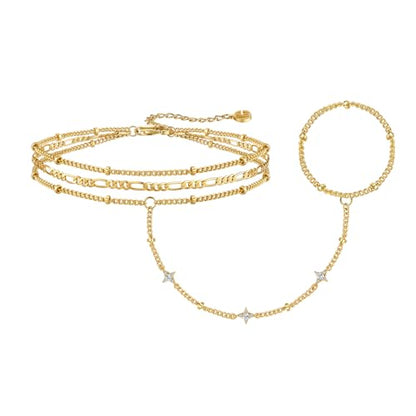 Cicy Bell Hand Chain Bracelets for Women 18K Gold Plated | Layered Stackable Dainty Ring Bracelets, Adjustable Satellite Bead Dot Link Finger Bracelets - color: Style K-Gold