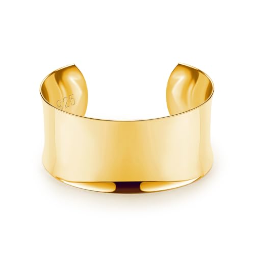 Dankadi Women 925 Sterling Silver Curved Bangle 30MM Wide Grooved Cuff Bangle Shiny Punk Open Bracelet Adjustable Plated 24k Gold/Rose Gold Jewelry Gift - color: Gold