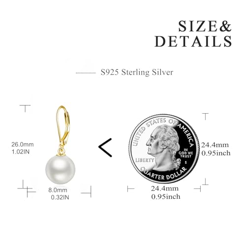 925 Sterling Silver Pearl Leverback Earrings Dangle Drop Jewelry Gifts for Women - style: Pearl-Gold