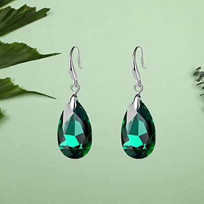 Austrian Crystal Teardrop Dangle Hook Earrings for Women 14K Gold Plated Hypoallergenic Jewelry - color: Emerald