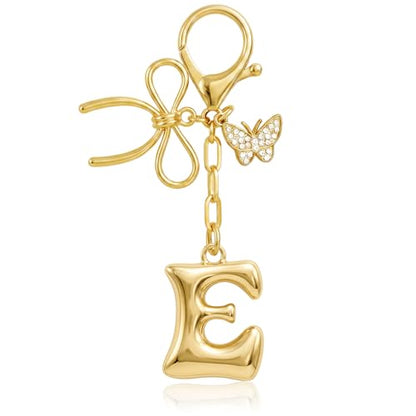 Gold Bubble Heart, Cherry, Bow & More Designs Letter Initial Keychain Bag Charms – Cute Purse Charms for Handbags - color: Bow & Butterfly, style: E