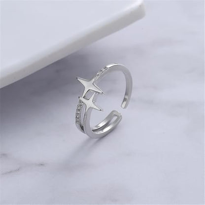 Dainty Twin Star Adjustable Open Wrap Ring for Women Silver Plated Stacking Statement Crystal Celestial Finger Rings Layered Comfort Fit Fashion Birthday Holiday Jewelry Gift