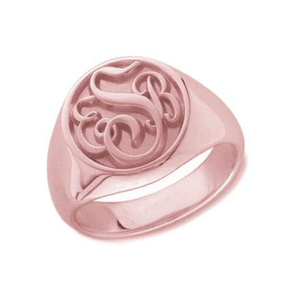 Personalized Initial Chunky Signet Ring for Men Women 925 Sterling Silver Letter Engraving in Relief - color: Rose Gold