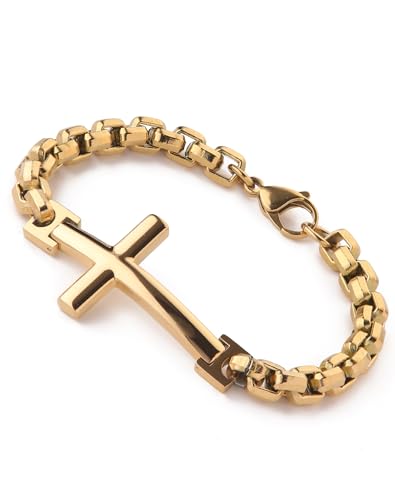 Stainless Steel Mens Cross Bracelet - 18K Gold Plated 316L Christian - Religious Jewelry for Women - color: 18K Gold plated