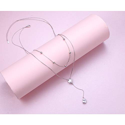 FLYOW Layered Necklace S925 Sterling Silver Y Shaped Jewelry - style: Two Teardrop CZ Style