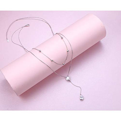 FLYOW Layered Necklace S925 Sterling Silver Y Shaped Jewelry - style: Two Teardrop CZ Style